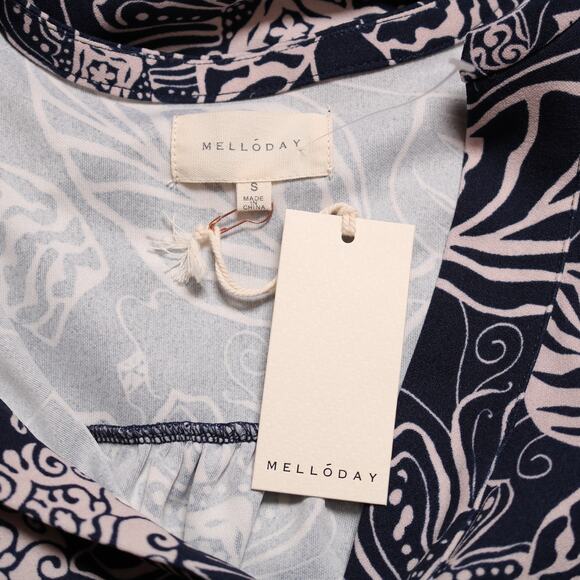 Melloday Navy Floral Leaf Print Jersey Split Neck Short Sleeve Blouse Size S - Picture 7 of 11